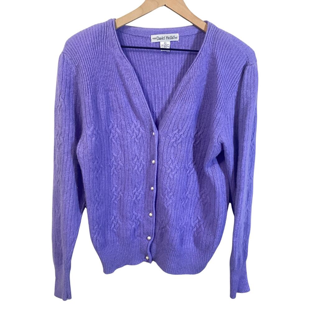 Vintage David Hollis Lavender Lambswool Angora Knit Cardigan Pearl Buttons Sz L